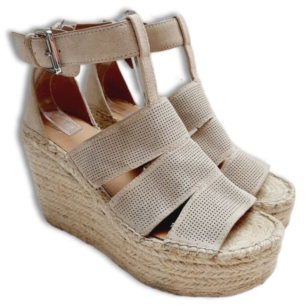 MARC FISHER \ Perforated Suede Open Toe Rope Platform Wedge Shoe Cream Beige 9